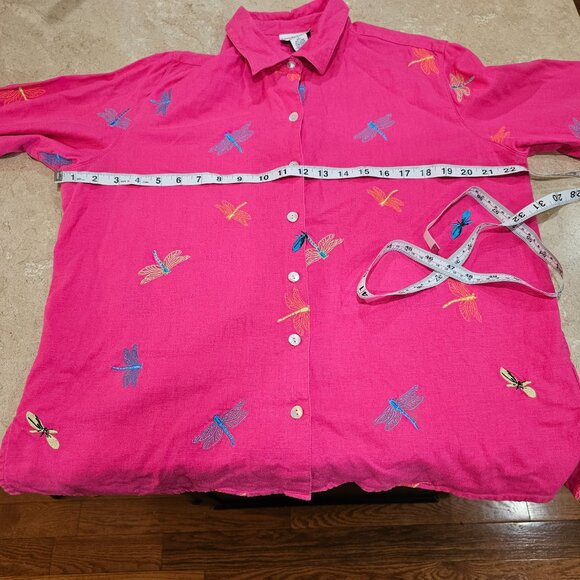 Women's Breckenridge Linen Blend Embroidered Button Down Blouse Hot Pink Size L - Picture 3 of 7